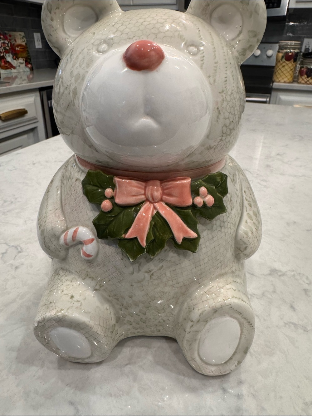 Vintage 1983 Fitz & Floyd Christmas Bear Cookie Jar Japan Pink Holly